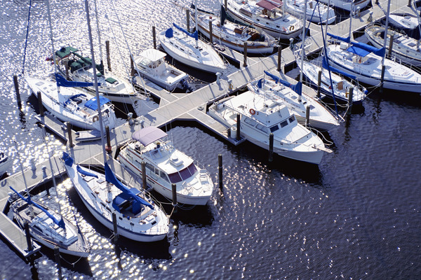 Aerial view of boats in a marina